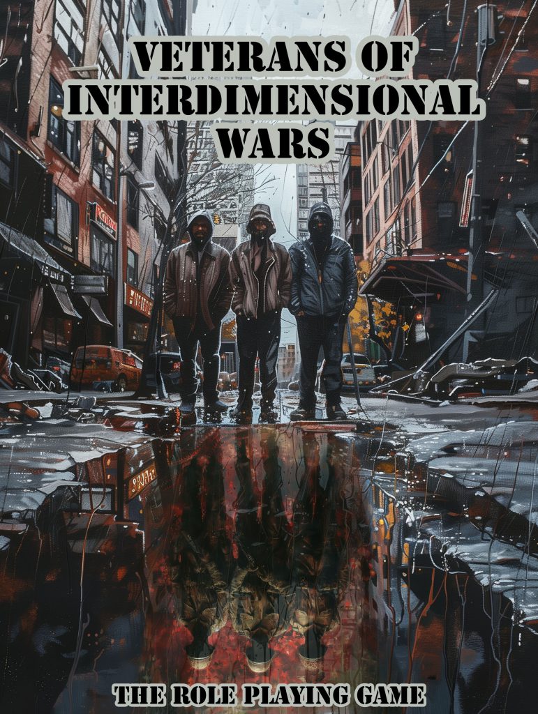 Ai generated cover showing three homeless veterans on a rainy street.  At their feet, reflected in a puddle, we see three soldiers in a place that looks dark and organic.